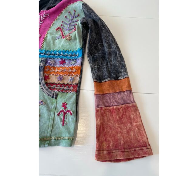 Boho Embroidered Patchwork Hooded Zip Jacket Sz M Festival Hippie - Picture 9 of 14
